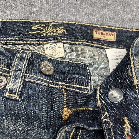 Silver Jeans Tuesday Crop Womens 24 Blue Denim Distressed Whiskered Stretch New - Picture 4 of 12